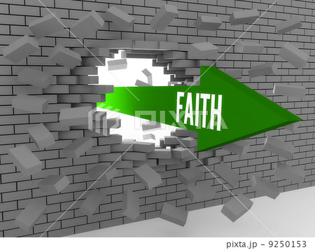 Arrow with word Faith breaking brick wall. Concept 3D illustration. 9250153