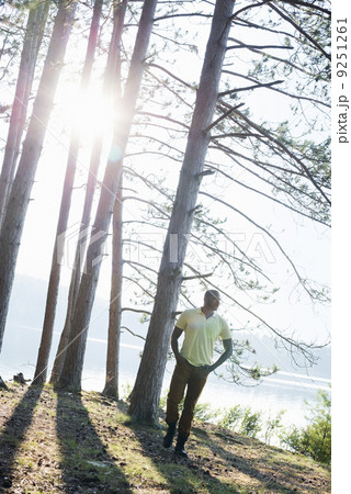 Lakeside. A man standing in the shade of pine trees in summer. Lakeside. A man standing in the shade of pine trees in summer. 9251261