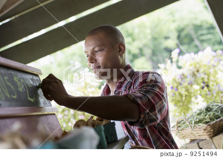 An organic fruit stand. A man chalking up prices on the blackboard.  9251494