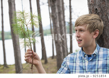A boy standing among trees on the shore of a lake. A boy standing among trees on the shore of a lake. 9251854