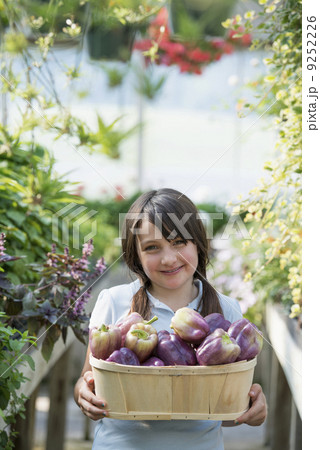 Summer on an organic farm. A girl holding a basket of fresh bell peppers. Summer on an organic farm. A girl holding a basket of fresh bell peppers. 9252226