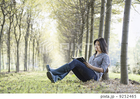 A woman sitting reading a book under the trees.  9252465