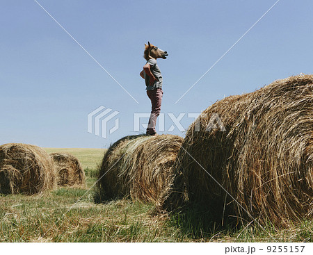A Man Wearing A Horse Mask, Standing On A Hay Bale, Looking Out Over The Landscape. 9255157