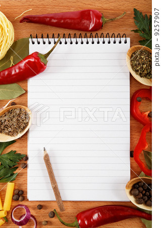 notebook for recipes, vegetables and spices on wooden table. notebook for recipes, vegetables and spices on wooden table. 9257907