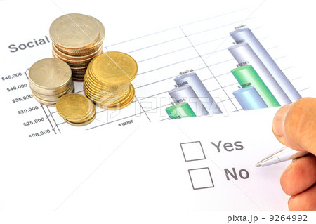 Yes no check box with coins and business graph 9264992