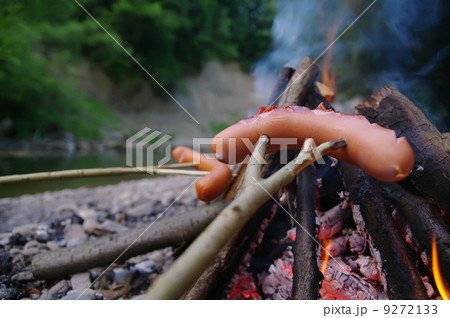 bbq sausage grilled campfire river 9272133