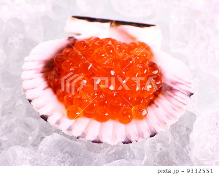 Big seashell filled with red caviar on ice 9332551