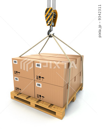 Cargo delivery. Pallet with cardboards lifted by crane. 9342311