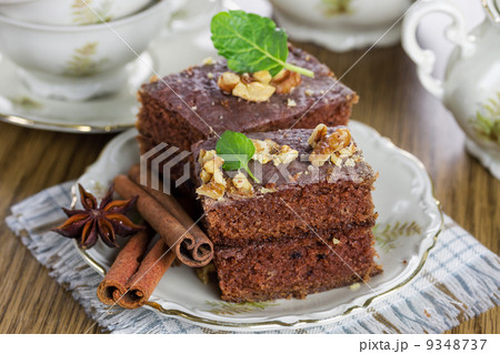 Slice of chocolate cake with nuts 9348737