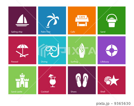 Beach icons on color background. 9365630