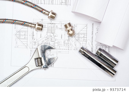 plumbing and drawings, construction still life plumbing and drawings, construction still life 9373714