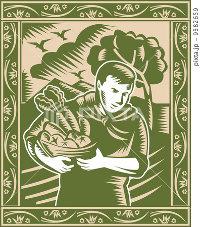 Organic Farmer With Basket Harvest Crops Retro 9382659