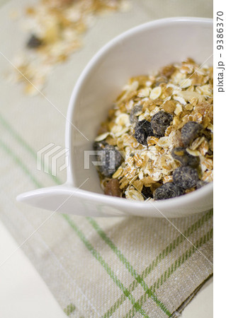 bowl full of musli and bottle of milk 9386370
