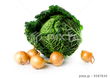 fresh savoy cabbage and five onions 9387630