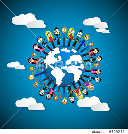 People - Women Holding Hands Around Globe on Blue Sky Background 9399255