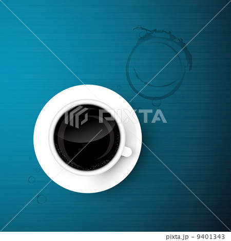 Cup of Coffee on Blue Background with Dirt, Stain, Print 9401343