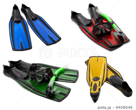 Set of multicolored flippers, mask, snorkel for diving with wate 9408046