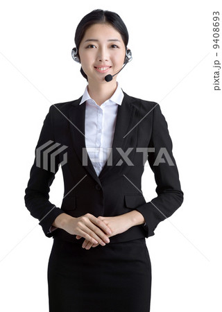 Female customer service officer with microphone headset studio white background Female customer service officer with microphone headset studio white background 9408693