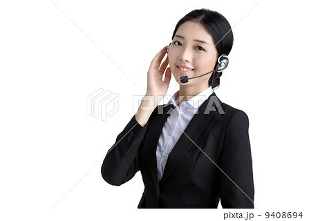 Female customer service officer with microphone headset studio white background Female customer service officer with microphone headset studio white background 9408694