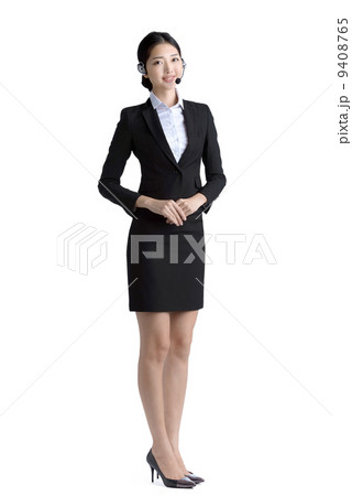 Female customer service officer with microphone headset studio white background  9408765