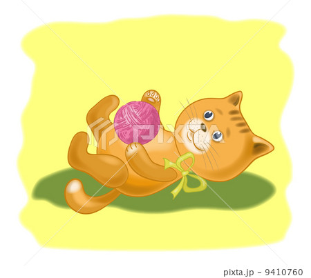 Cartoon Cat With A Ball Of Wool Yarnのイラスト素材