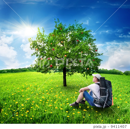 Tourist and apple-tree 9411407