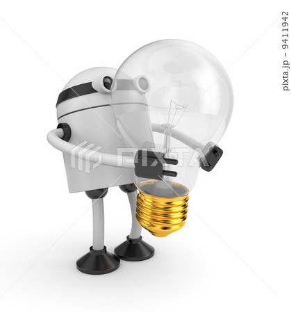 Robot with lightbulb. I have idea metaphor. 9411942