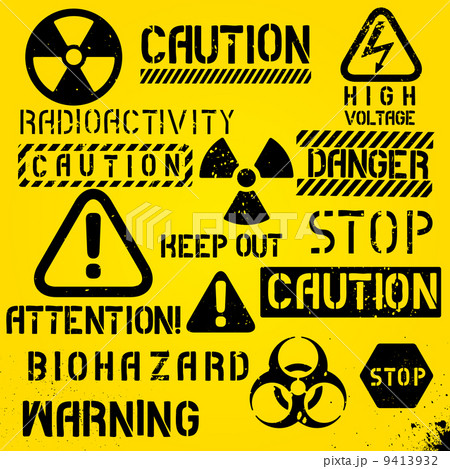 Set Of Warning Hazard Symbols And Text