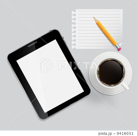 Abstract design tablet, coffee, pencil, blank page on boards Bac Abstract design tablet, coffee, pencil, blank page on boards Bac 9416031