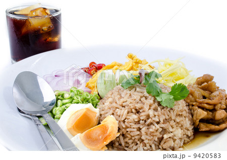 fry rice and the shrimp paste with Cola soft drink , Thai food 9420583