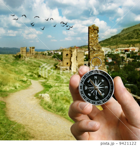 Man using a compass while sightseeing abroad Man using a compass while sightseeing abroad 9421122