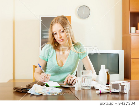 depressed woman counting the cost of treatment depressed woman counting the cost of treatment 9427534