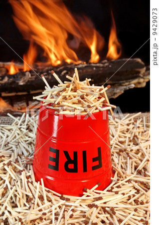 Fire bucket, matches and Flames 9429073