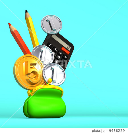 PurseAndStationeriesWith5+3CoinsOnBlueTextSpace 9438229