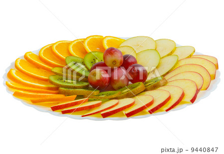 plate apple kiwi grapes sliced isolated on white background clip plate apple kiwi grapes sliced isolated on white background clip 9440847