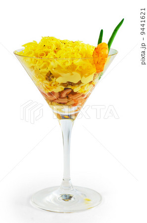 pasta shrimp salad onion isolated on white background 9441621
