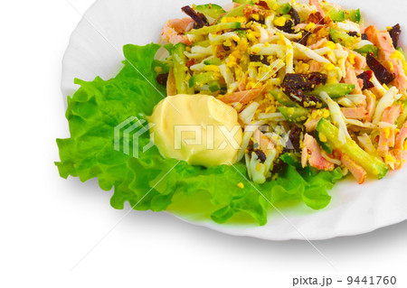Fresh Shrimp close up salad with olives and cream on a white bac 9441760