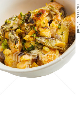 mushrooms and potatoes roasted isolated a on white background cl 9441761