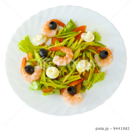 dish meal and shrimp salad olives isolated on white background c dish meal and shrimp salad olives isolated on white background c 9441982
