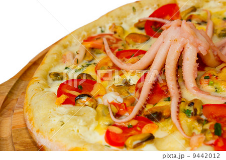 Pizza large seafood tasty octopus on white background (clipping 9442012