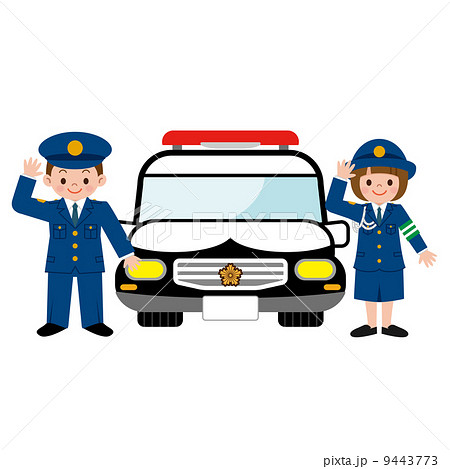 パトカーと警察の格好をした子供のイラスト素材