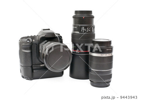 One black camera and lens isolated on white background One black camera and lens isolated on white background 9443943