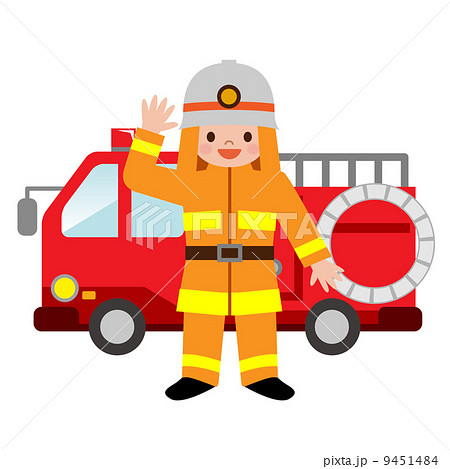 消防車と消防士の格好をした子供のイラスト素材