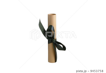 close up of a diploma with black ribbon 9453758