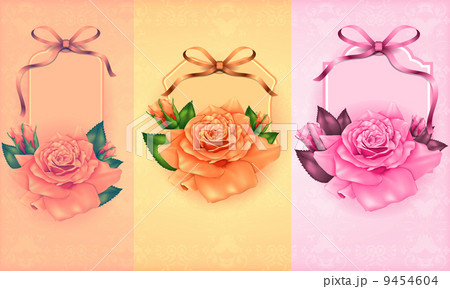 Set of beautiful gift cards with pastel roses and gift bows, may be used for Women's Day  9454604