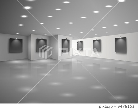 Empty white hall interior with blank black canvases 9476153
