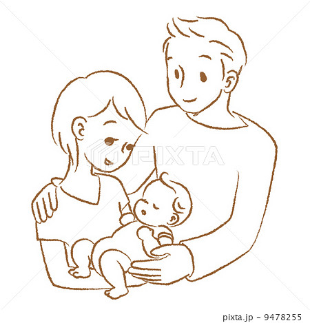 ママとパパと赤ちゃん 抱っこ 線画のイラスト素材
