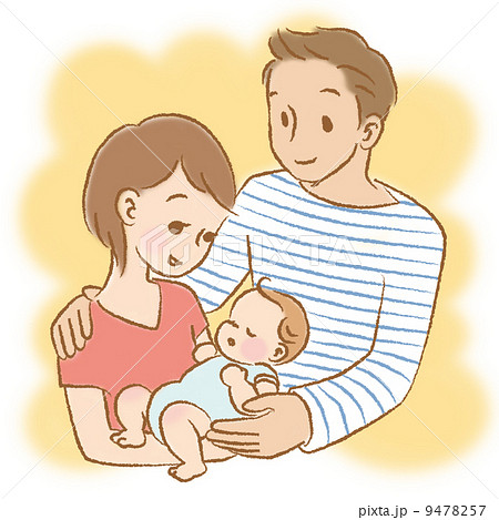ママとパパと赤ちゃん 抱っこ カラー背景つきのイラスト素材