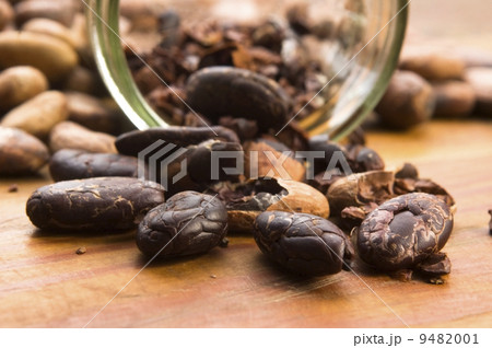 Cocoa (cacao) beans on natural wooden table Cocoa (cacao) beans on natural wooden table 9482001