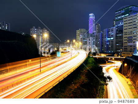moving car with blur light through city at night 9487689